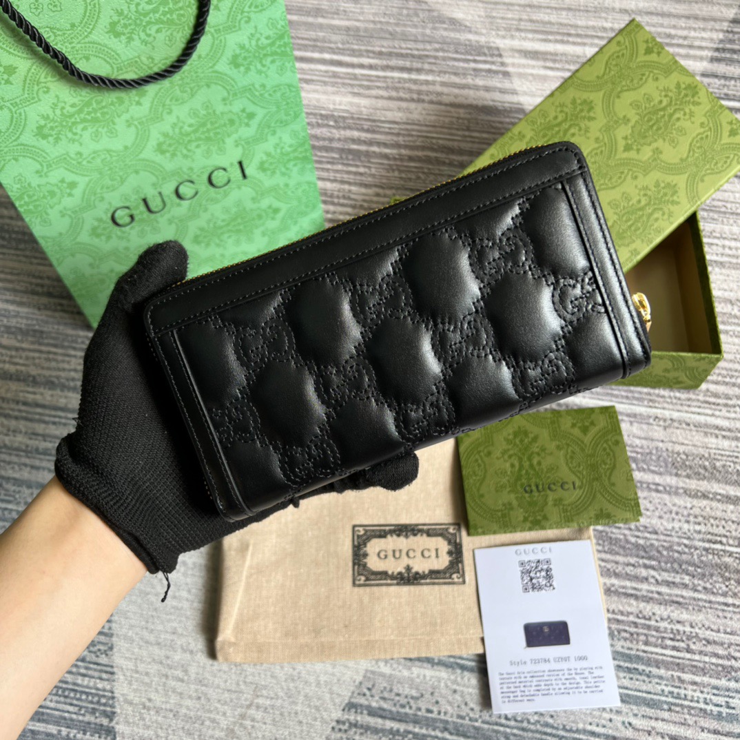 Gvc*1 GG Matelassé Zip-Around Wallet Black For Women‎ 723784 UM8IG 1000 7.6 in/ 19.5 cm