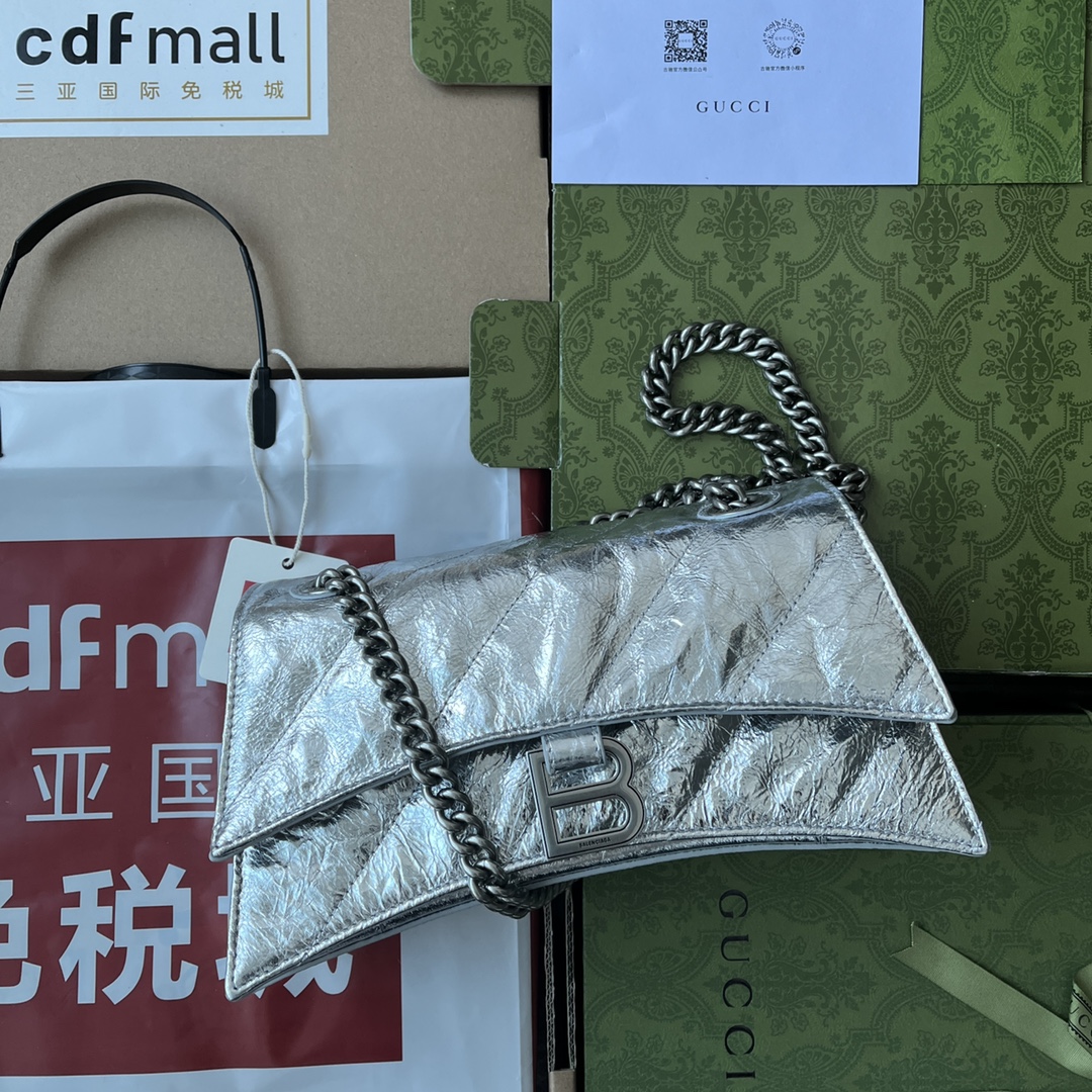 Ba1en*iaga Crush Small Chain Bag Black/Silver/White For Women 9.8in/24.9cm 716351210IY1000