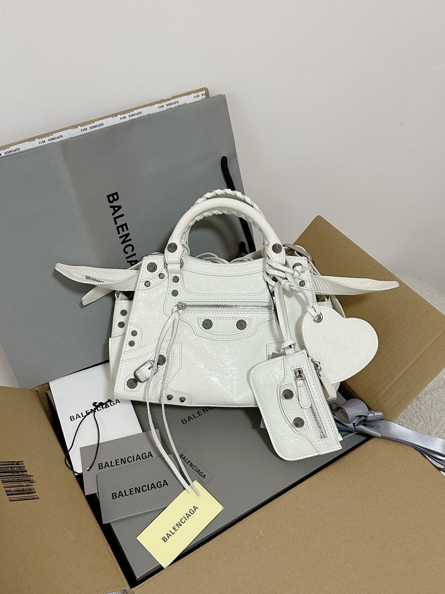 Ba1en*iaga Neo Cagole City Small Handbag White/Silver For Women 10.5in/27cm 222342F046015