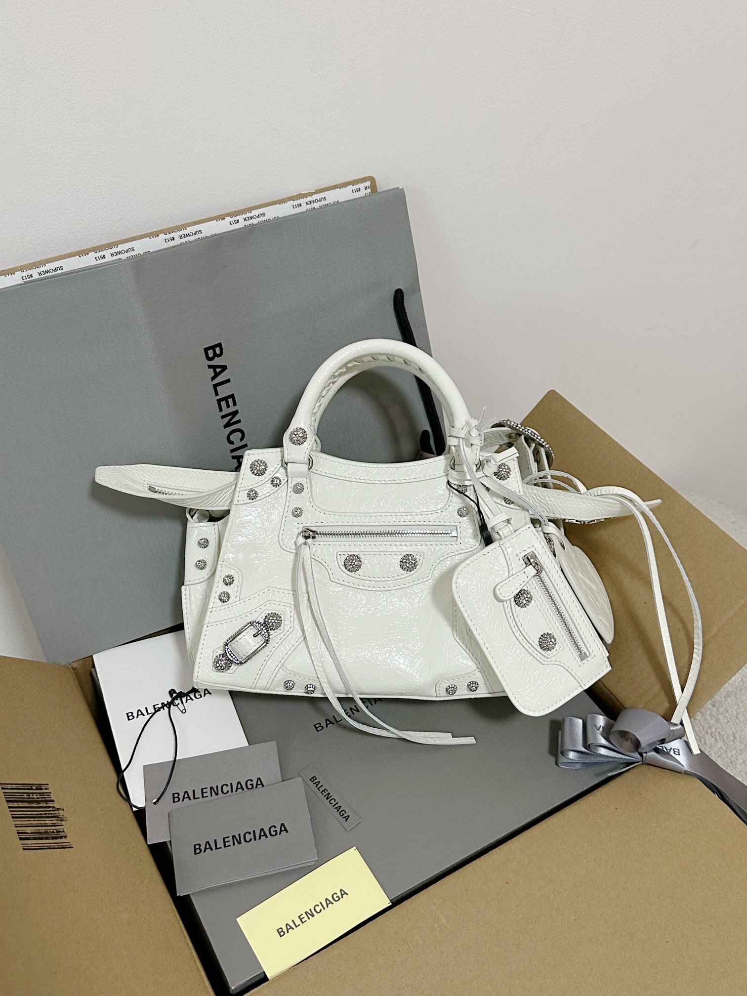 Ba1en*iaga Neo Cagole City Small Handbag White/Silver For Women 10.5in/27cm 222342F046015