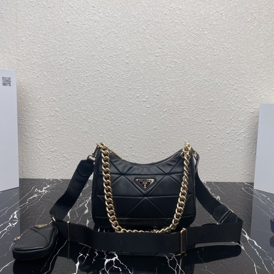 Pra*a Padded Hobo Bag Black/White For Women 9.5 in / 24 cm 1BC151_RDJN_F0002_V_B9O