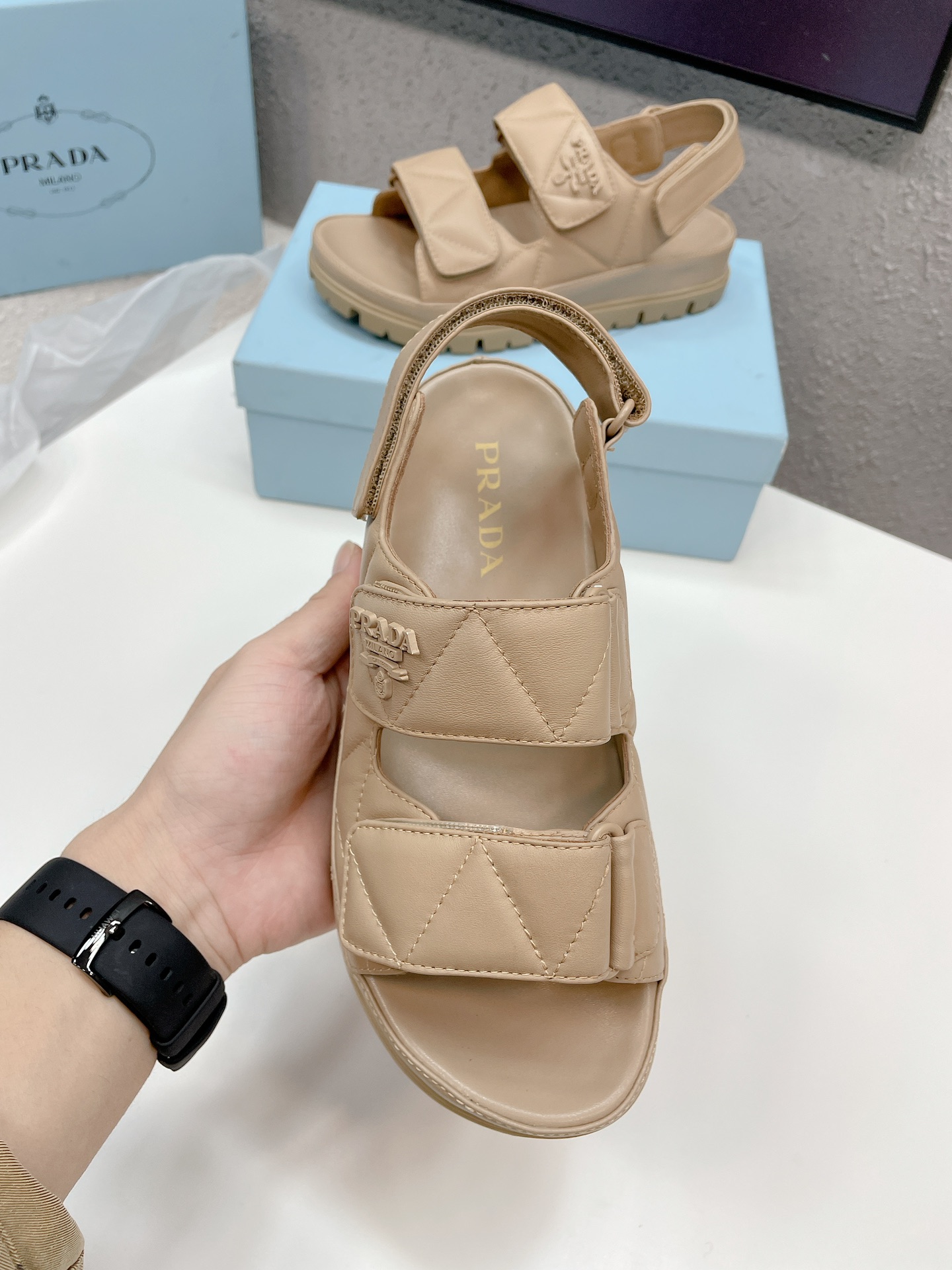 Pra*a Padded Nappa Sandals Beige For Women 0.8 in/ 2cm 1X721M_038_F0F24_F_020
