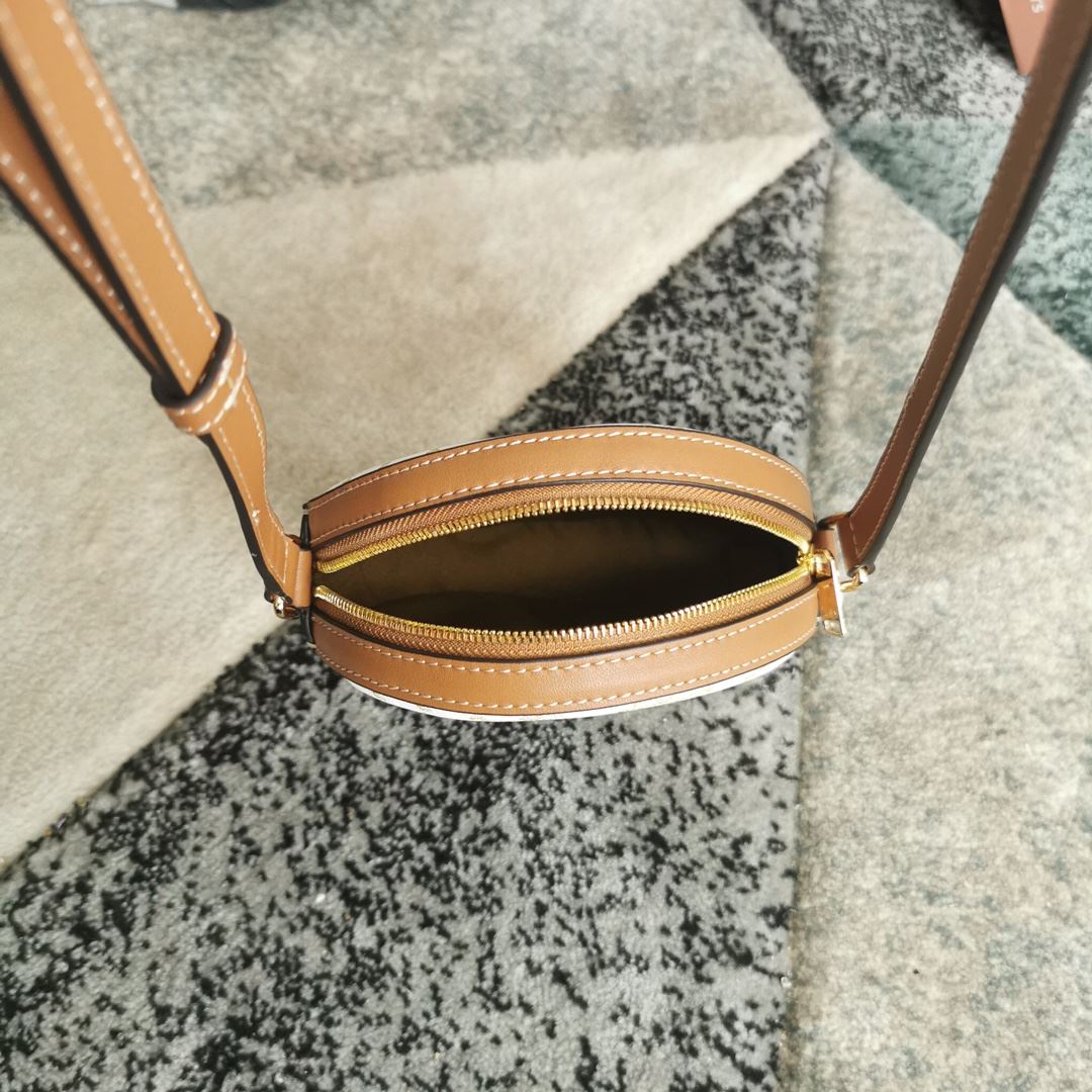 Ce1i*e Round Purse On Strap In Triomphe Canvas White/Brown For Women 5in/13.5cm