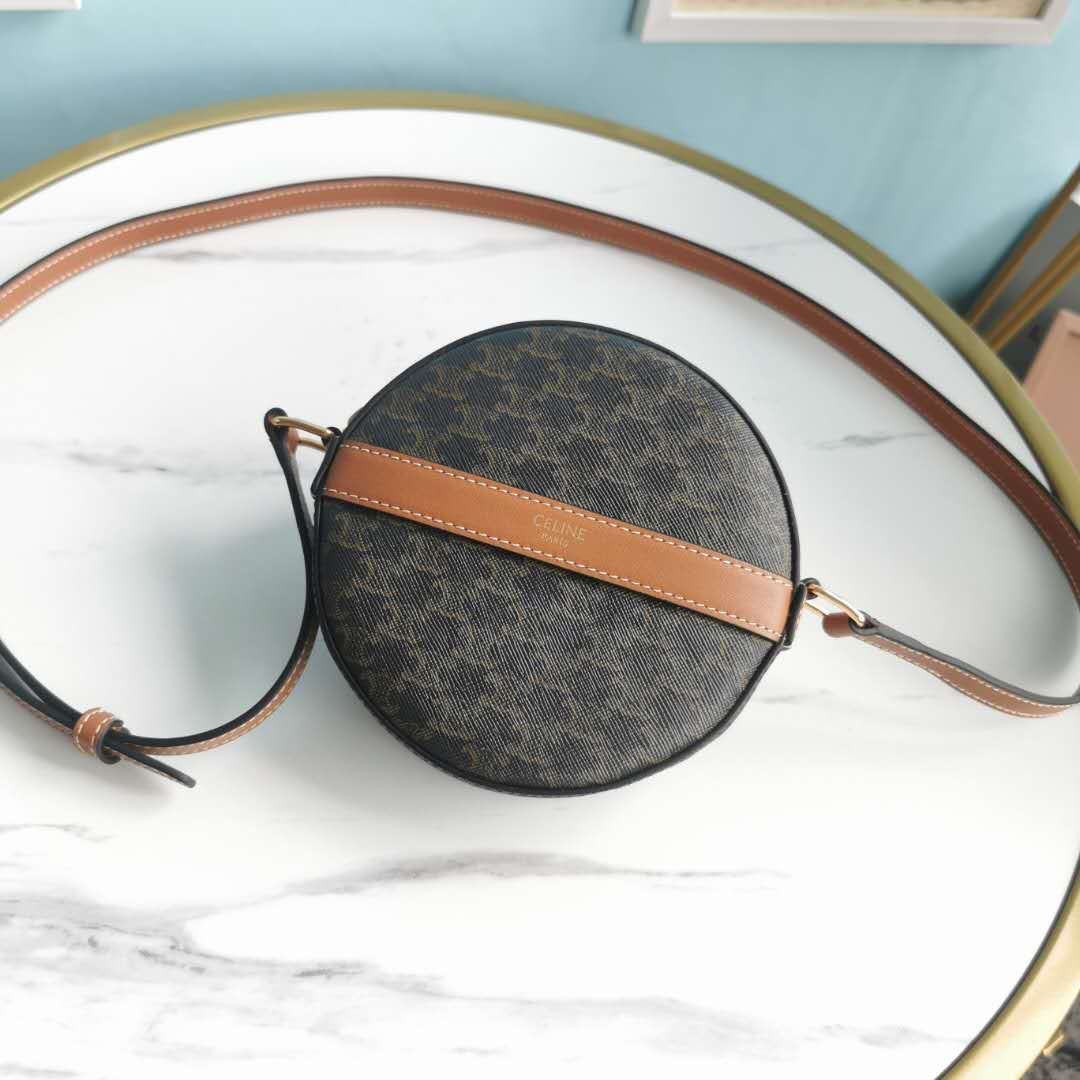 Ce1i*e Round Purse On Strap In Triomphe Canvas White/Brown For Women 5in/13.5cm