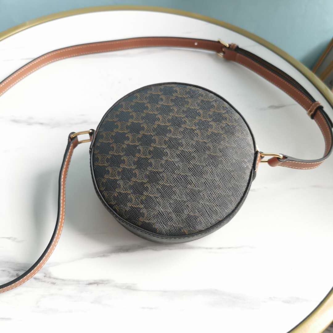 Ce1i*e Round Purse On Strap In Triomphe Canvas White/Brown For Women 5in/13.5cm