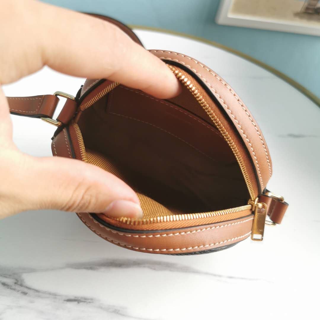 Ce1i*e Round Purse On Strap In Triomphe Canvas White/Brown For Women 5in/13.5cm