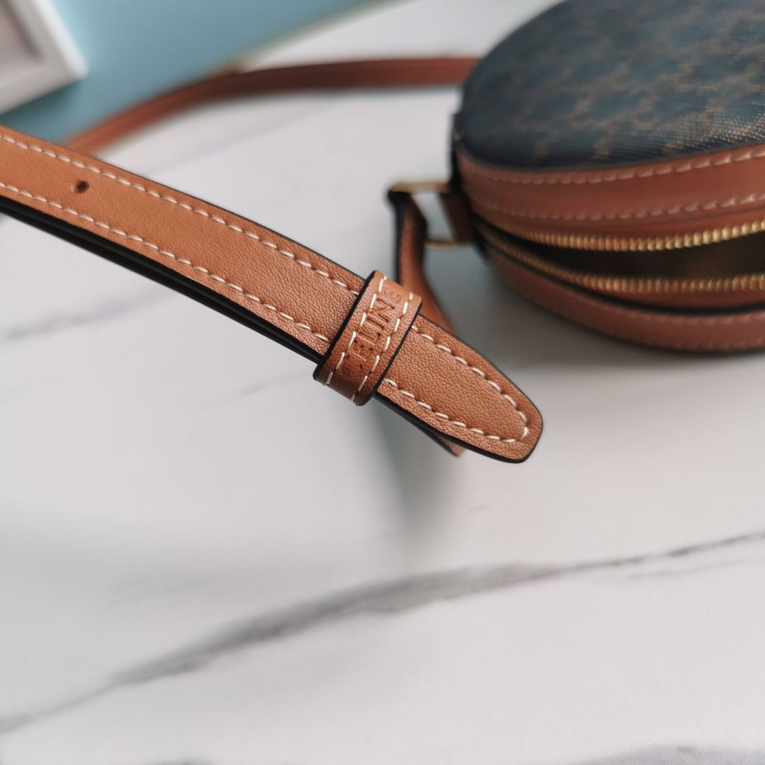 Ce1i*e Round Purse On Strap In Triomphe Canvas White/Brown For Women 5in/13.5cm