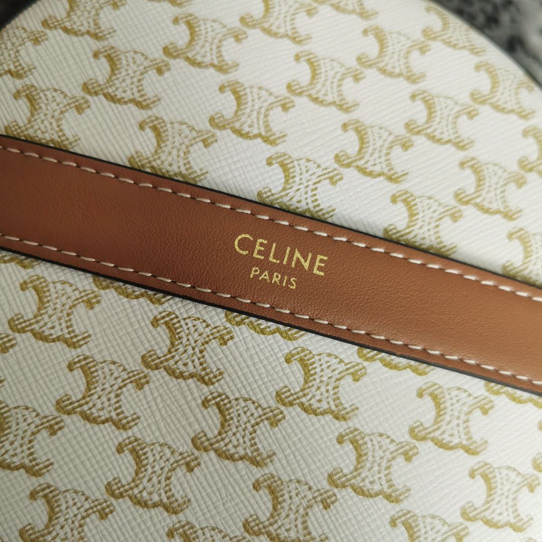 Ce1i*e Round Purse On Strap In Triomphe Canvas White/Brown For Women 5in/13.5cm