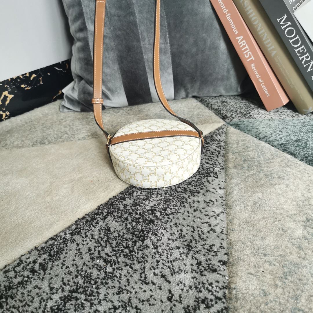 Ce1i*e Round Purse On Strap In Triomphe Canvas White/Brown For Women 5in/13.5cm
