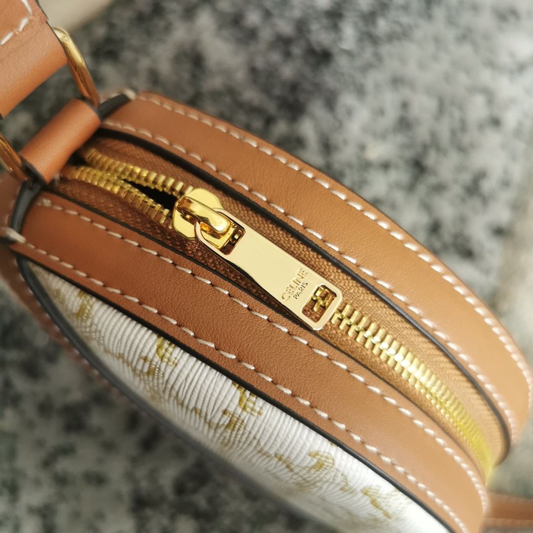 Ce1i*e Round Purse On Strap In Triomphe Canvas White/Brown For Women 5in/13.5cm