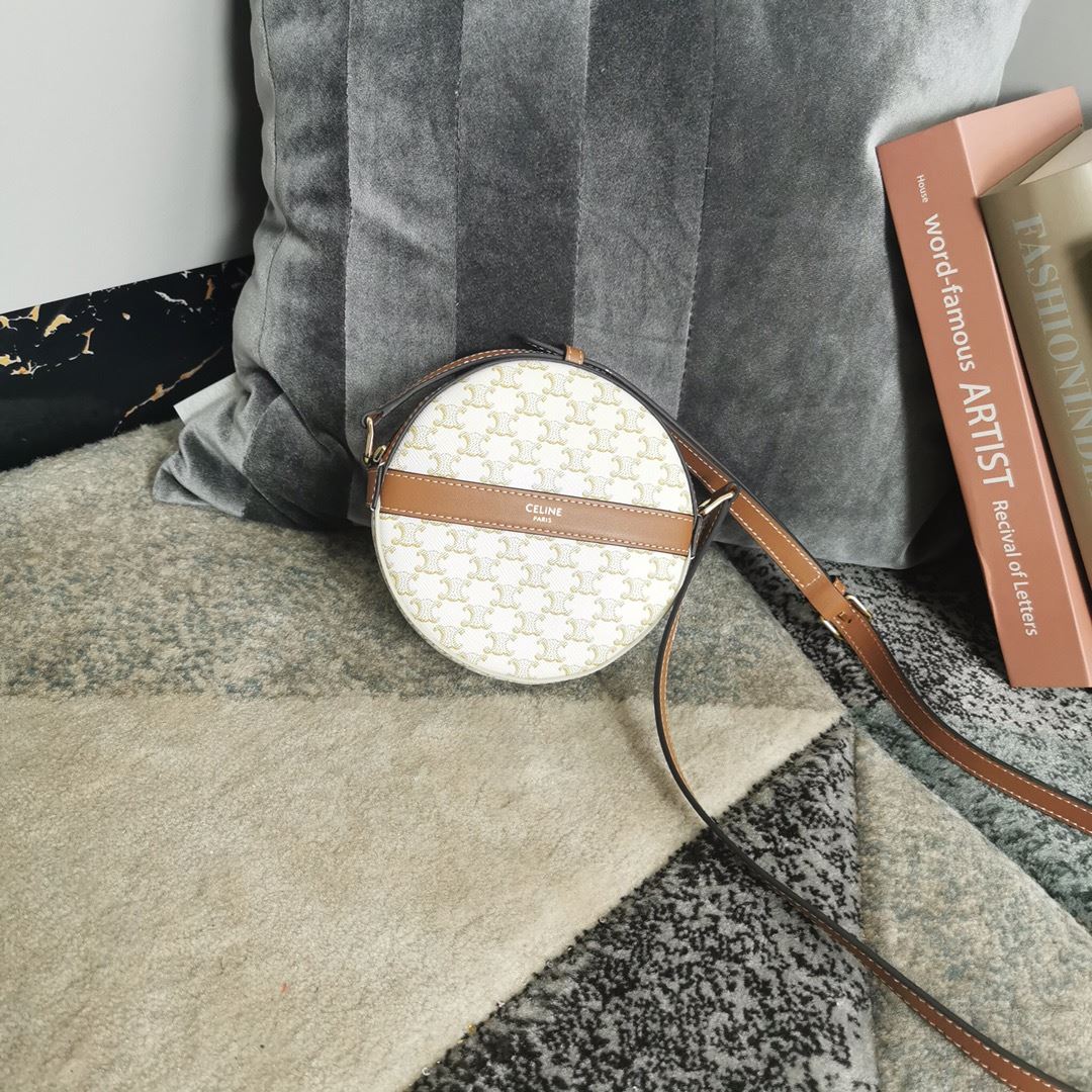 Ce1i*e Round Purse On Strap In Triomphe Canvas White/Brown For Women 5in/13.5cm
