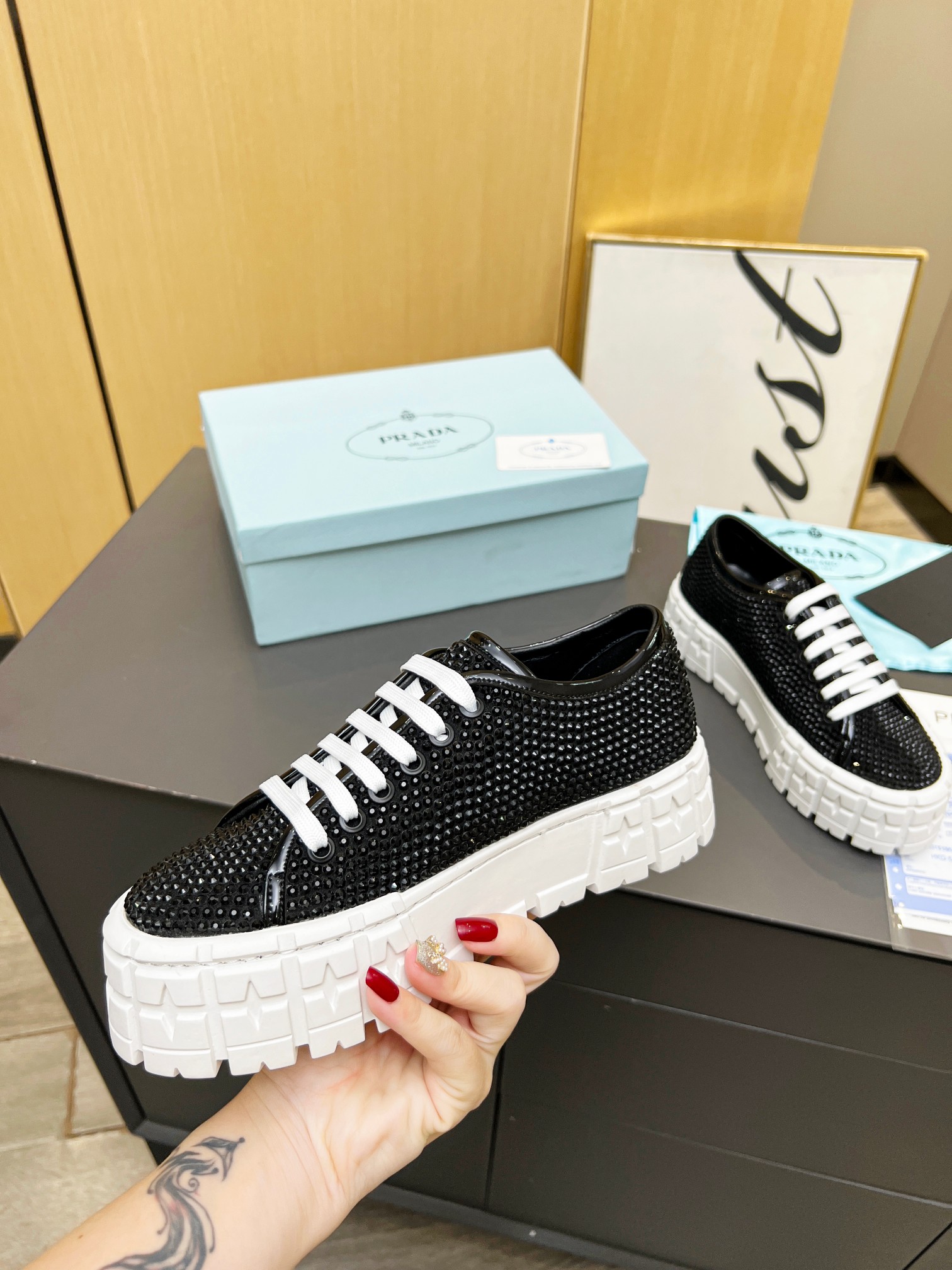 Pra*a Sneakers With Crystals Black For Women 1.9 in/ 5 cm