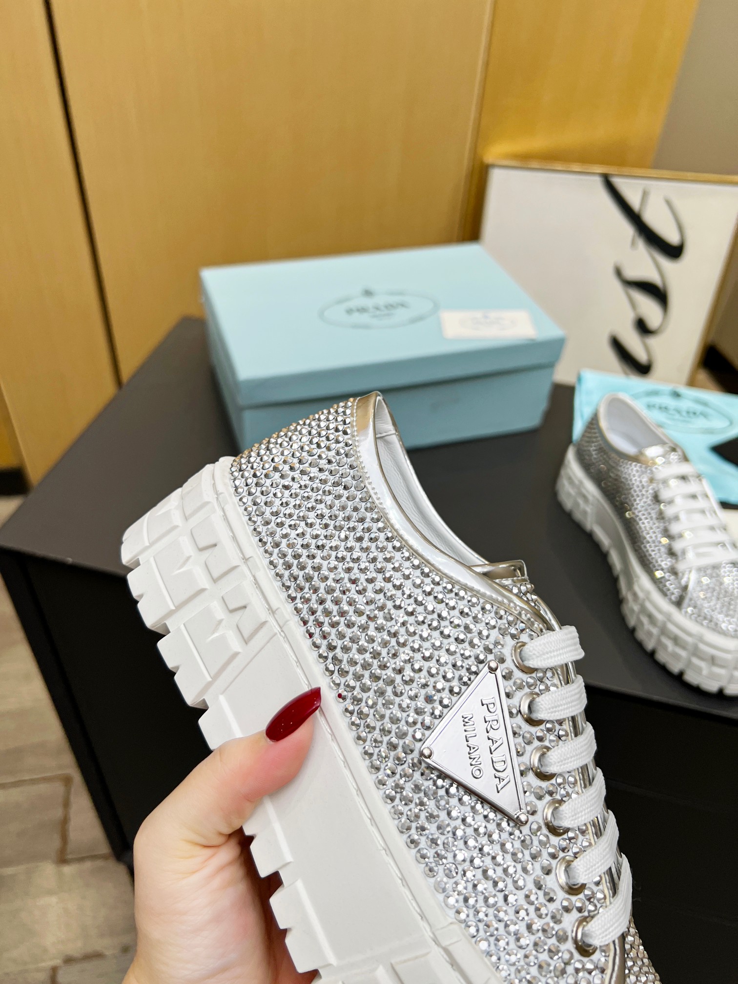 Pra*a Sneakers With Crystals White For Women 1.9 in/ 5 cm