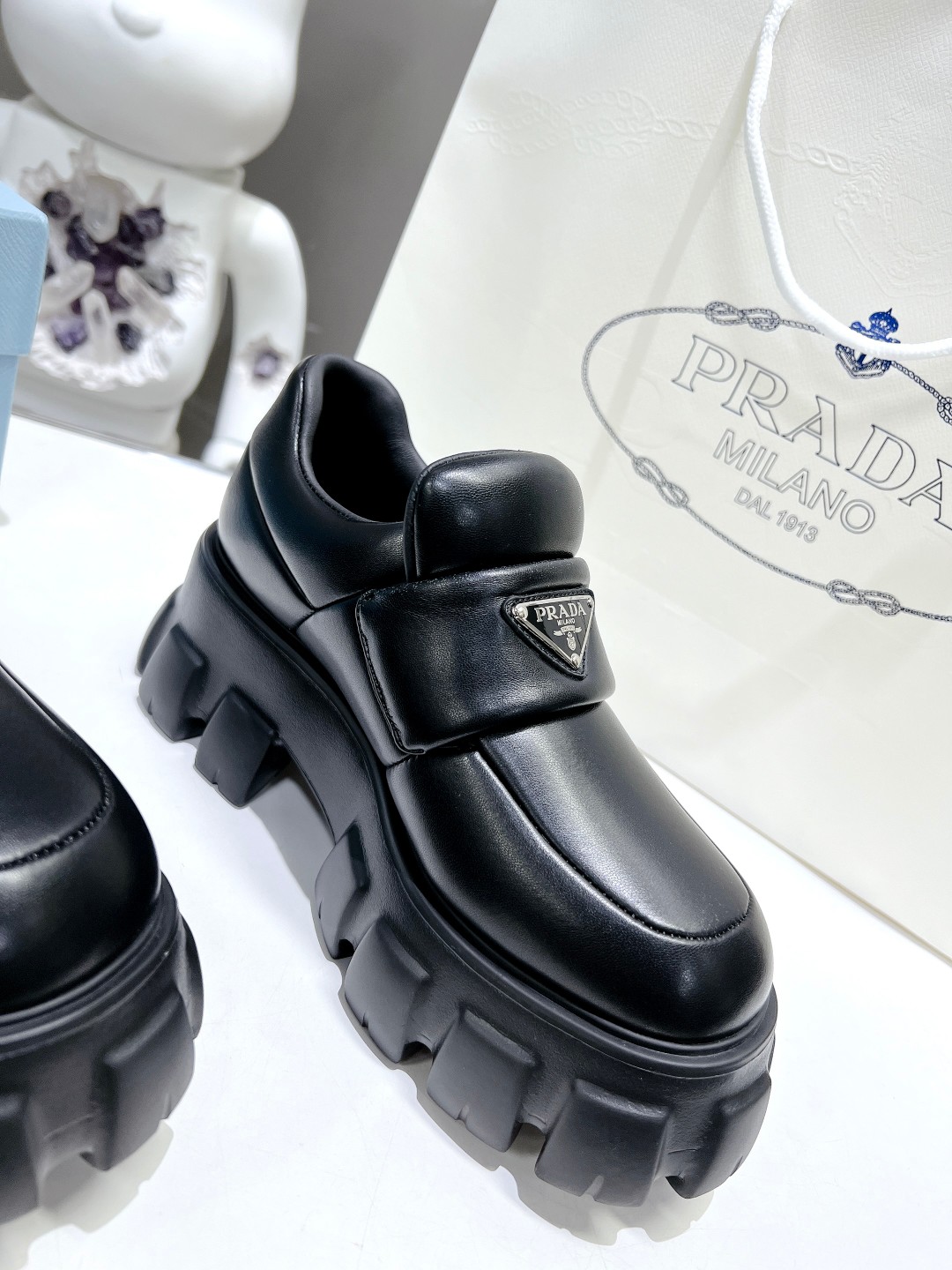 Pra*a Soft Padded Nappa Loafers Black For Women 2.1 in/ 5.5 cm 1D125N_2DL8_F0002_F_055