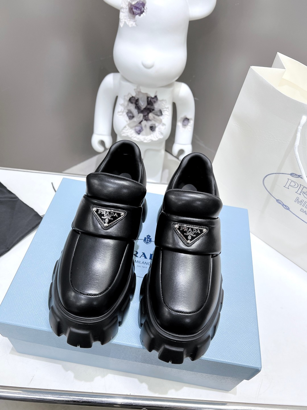 Pra*a Soft Padded Nappa Loafers Black For Women 2.1 in/ 5.5 cm 1D125N_2DL8_F0002_F_055