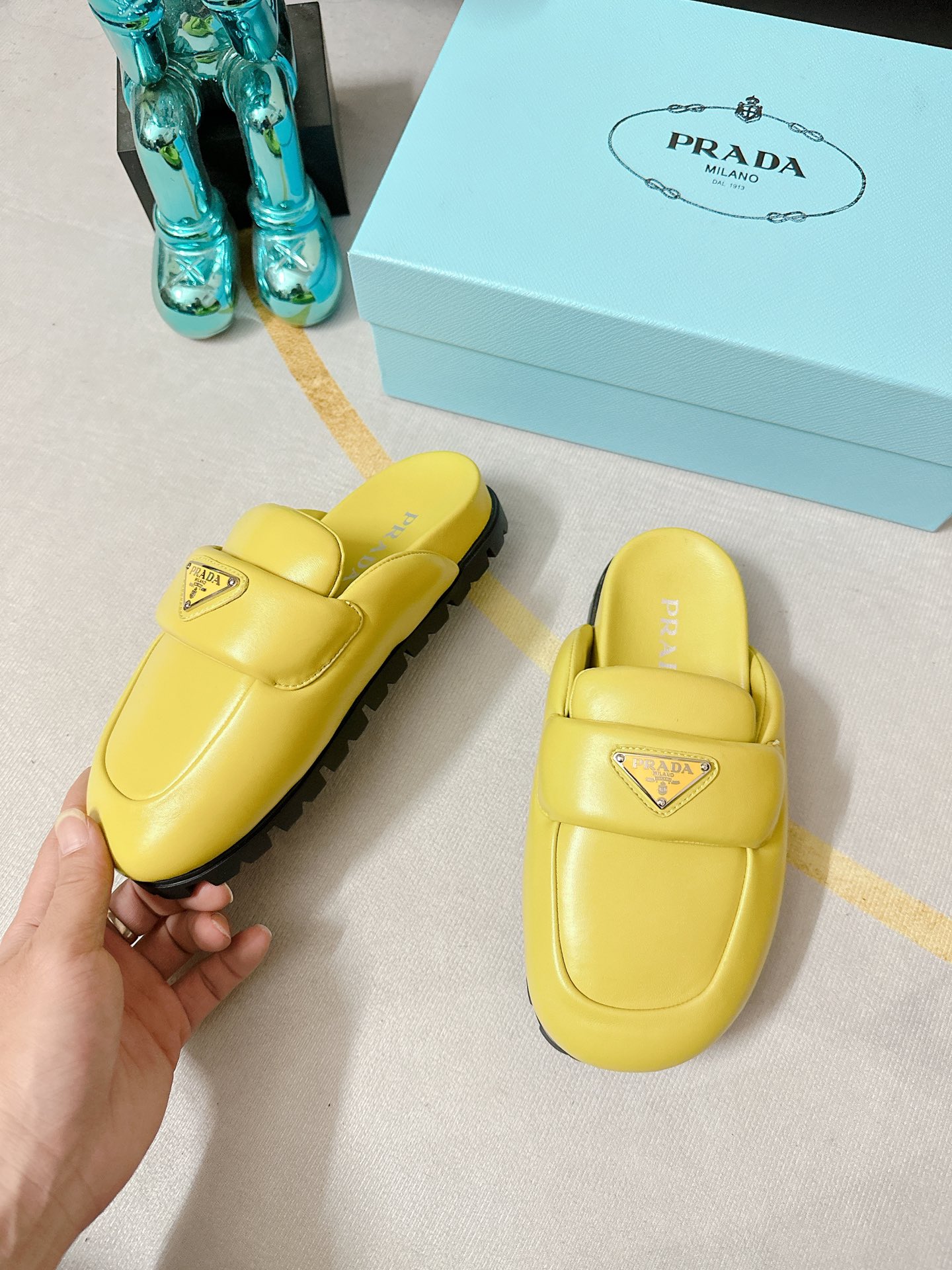 Pra*a Soft Padded Nappa Sabots Yellow For Women 0.8 in/ 2cm