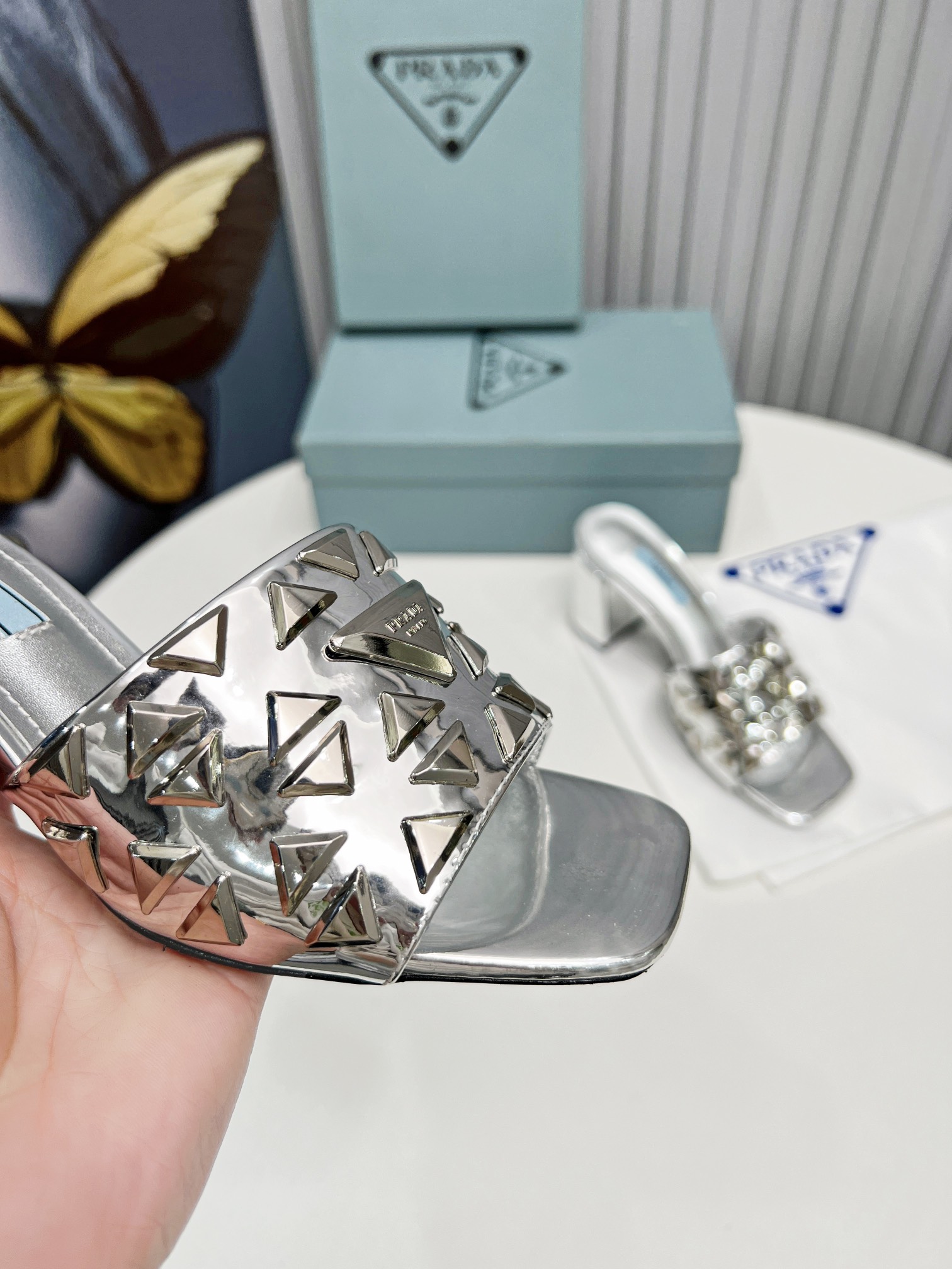 Pra*a Studded Metallic Mules Sliver Tone For Women 2.6 in/ 6.5cm