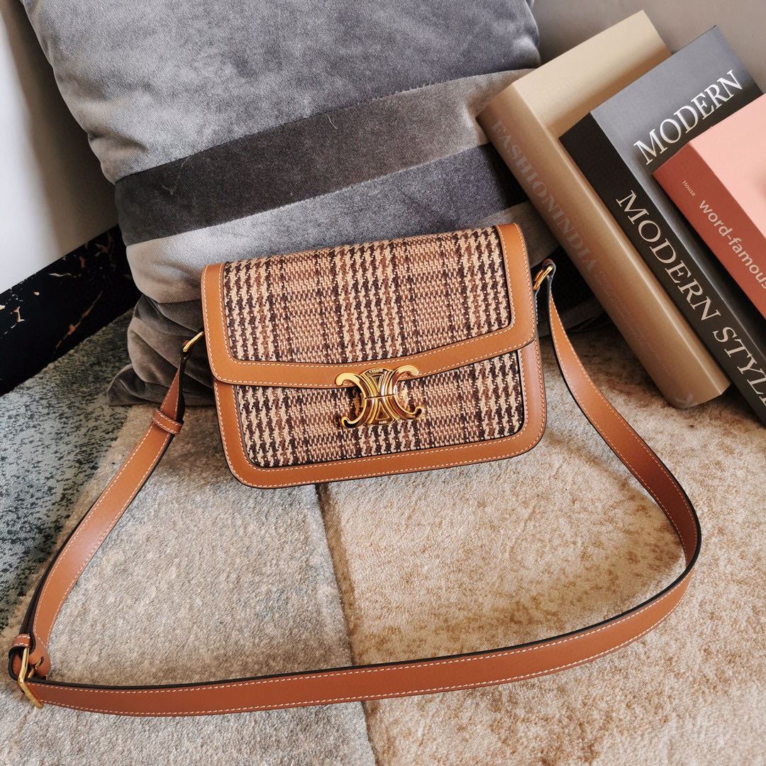 Ce1i*e Teen Triomphe Check Bag Brown For Women 7in/18.5cm