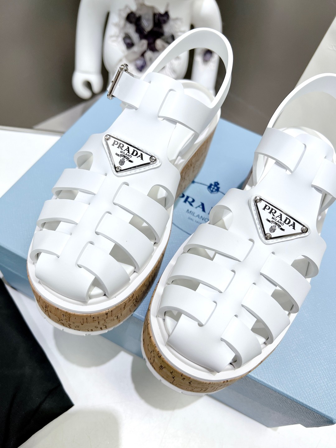 Pra*a Wedge Platform Sandals White For Women 2.9 in/ 7.5cm 1X853M_3LLP_F0009_F_B075
