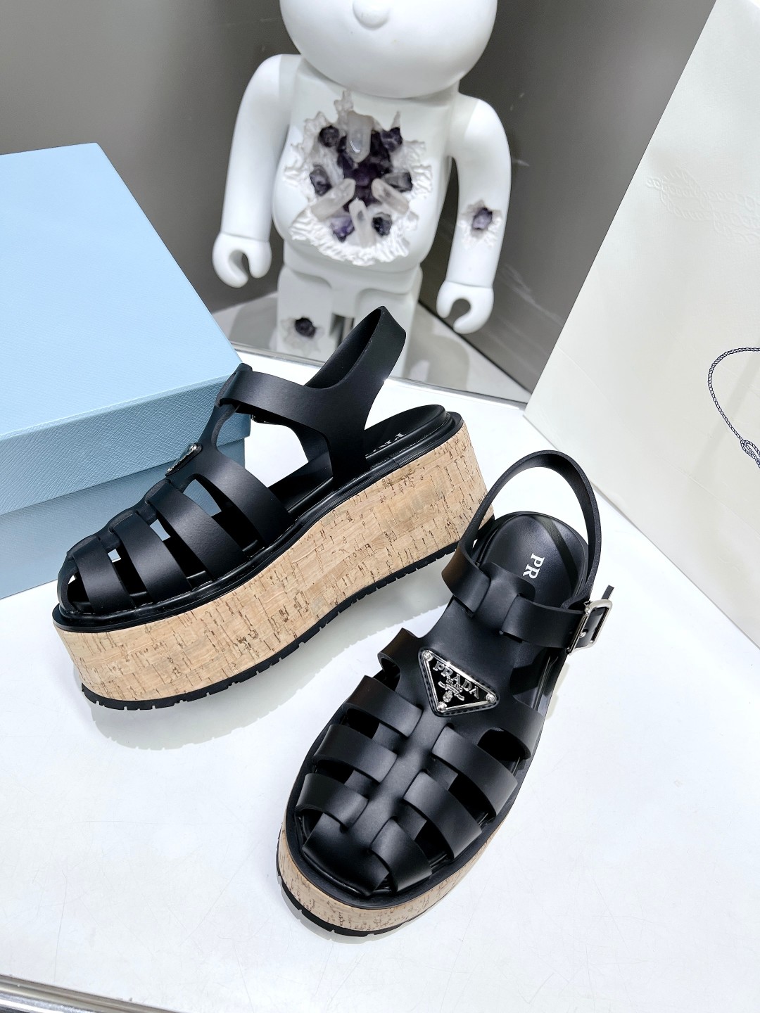 Pra*a Wedge Platform Sandals Black For Women 2.9 in/ 7.5cm 1X853M_3LLP_F0002_F_B075