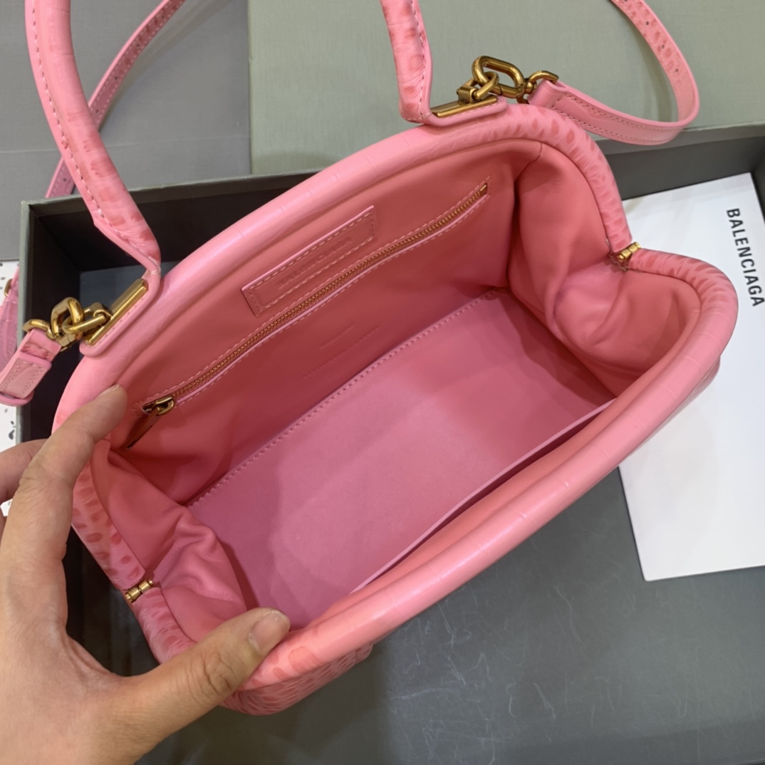Ba1en*iaga Editor Small Top Handle Bag Embossed Black/Pink For Women 10.6 in/27 cm