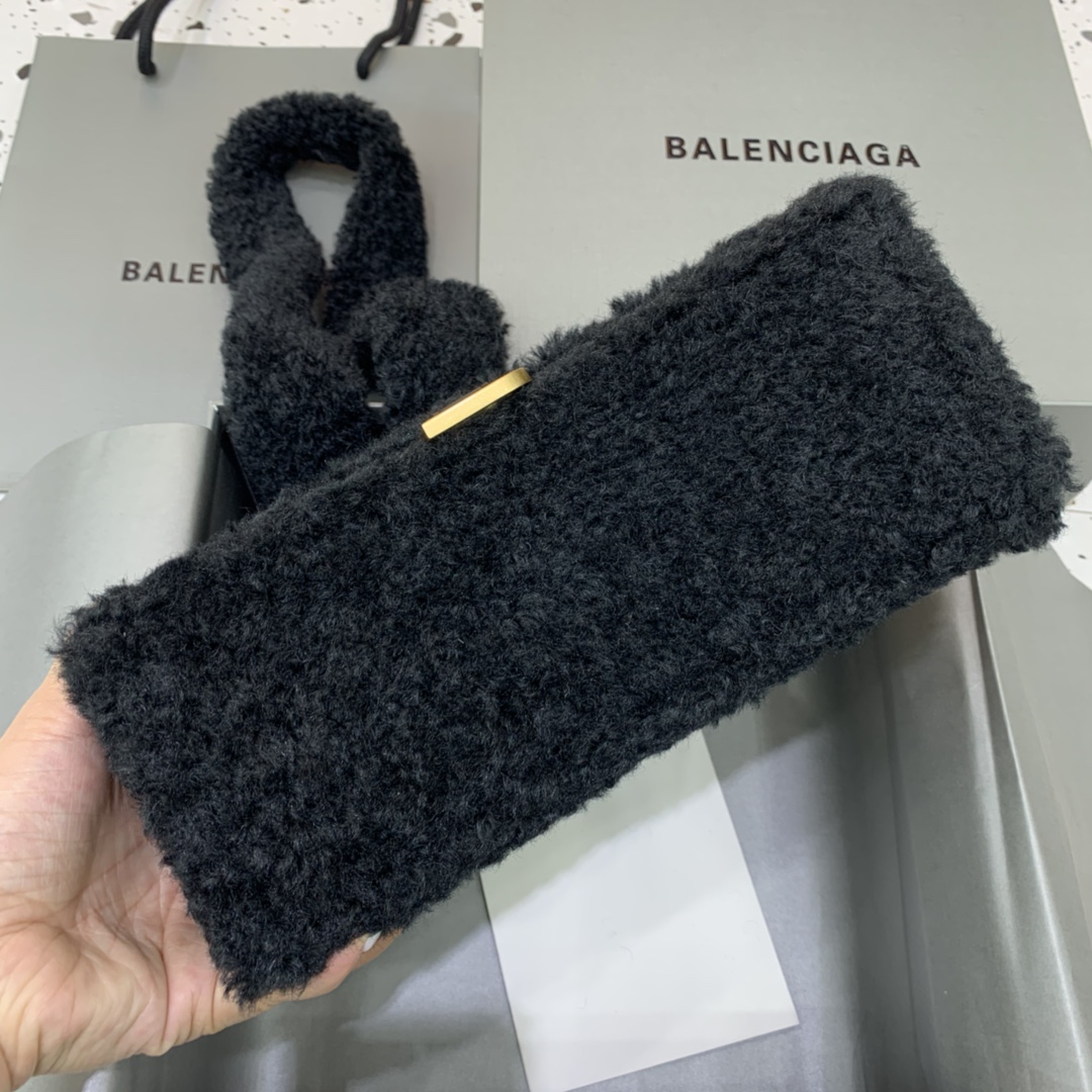 Ba1en*iaga Furry Hourglass Small Handbag With Strap In Black For Women 9.4in/24cm 676365210FU1000