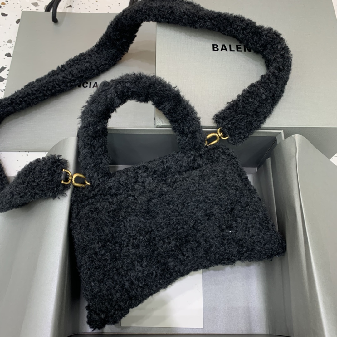 Ba1en*iaga Furry Hourglass Small Handbag With Strap In Black For Women 9.4in/24cm 676365210FU1000