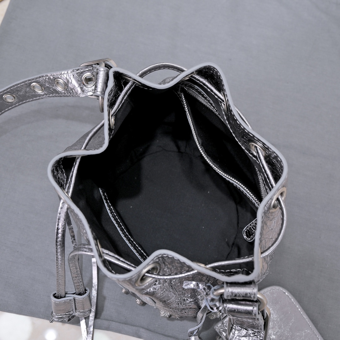 Ba1en*iaga Le Cagole Xs Bucket Bag Metallized With Rhinestones In Gold Tone/Sliver Tone/Grey For Women 7.8in/20 cm