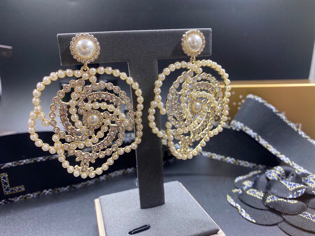 Ch**el Big Camellia Pearl Earrings Gold Tone For Women