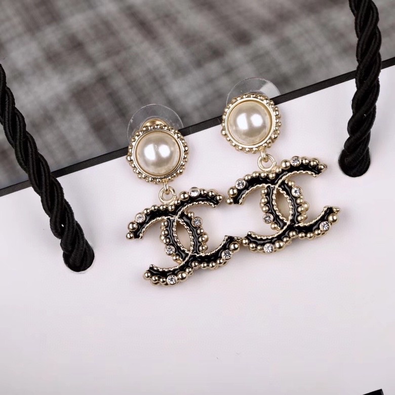 Ch**el Black Douple C Earrings Gold Tone For Women