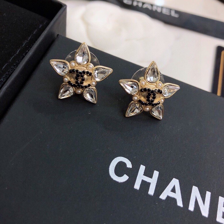 Ch**el Crystal Five Petals Flower Earrings Gold Tone For Women