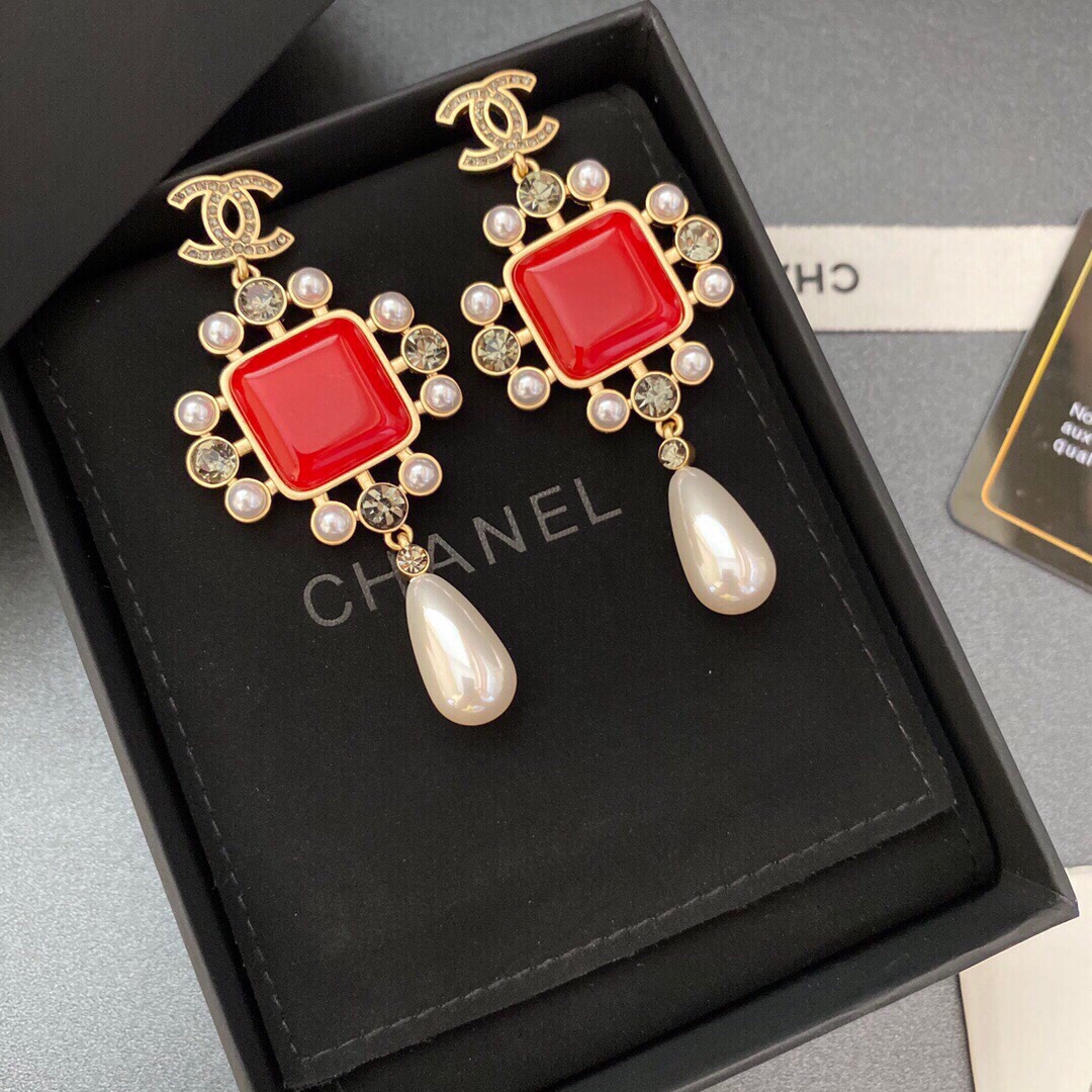 Ch**el Dark Red Square Stone Earrings Gold Tone For Women