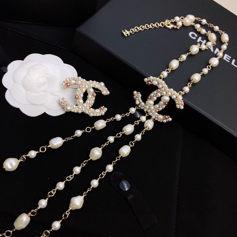 Ch**el Long Stylized Pearl Necklace Gold Tone For Women
