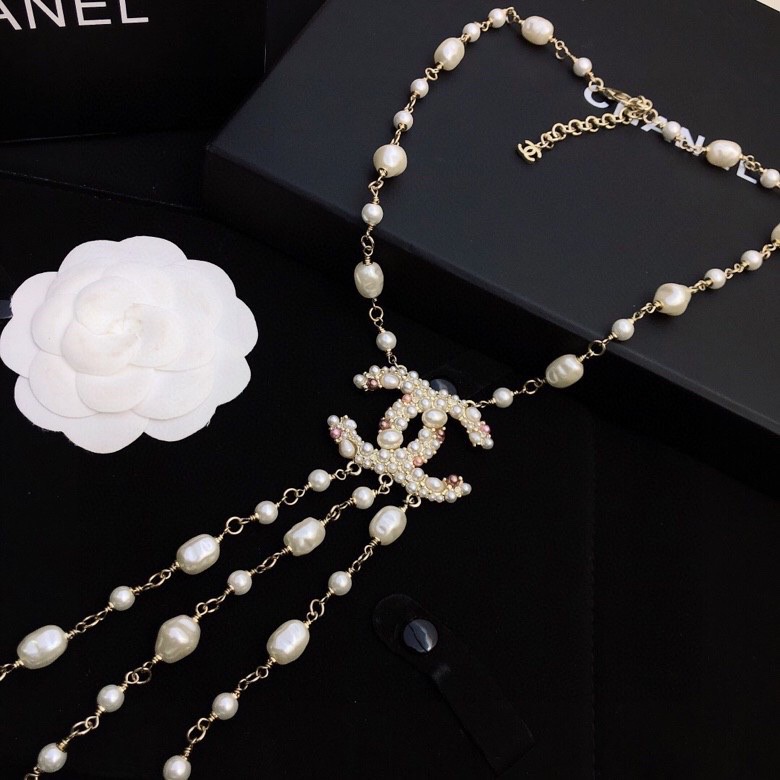 Ch**el Long Stylized Pearl Necklace Gold Tone For Women