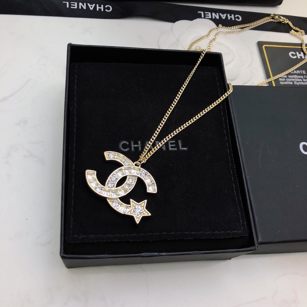 Ch**el Mini Star With Douple C Necklace Gold Tone For Women