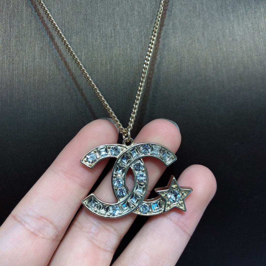Ch**el Mini Star With Douple C Necklace Gold Tone For Women