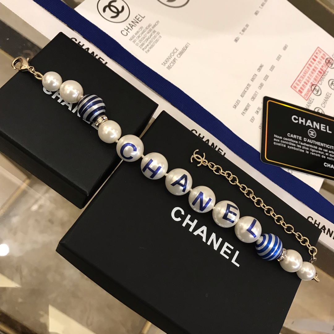 Ch**el Printed Blue C-H-A-N-E-L Bracelet Gold Tone For Women