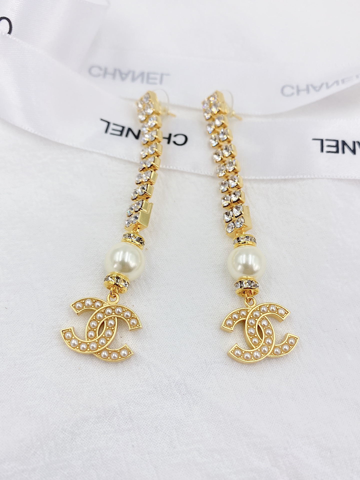 Ch**el Thick Long Earrings Gold Tone For Women