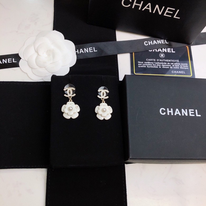 Ch**el White Camellia Flower Earrings Gold Tone For Women