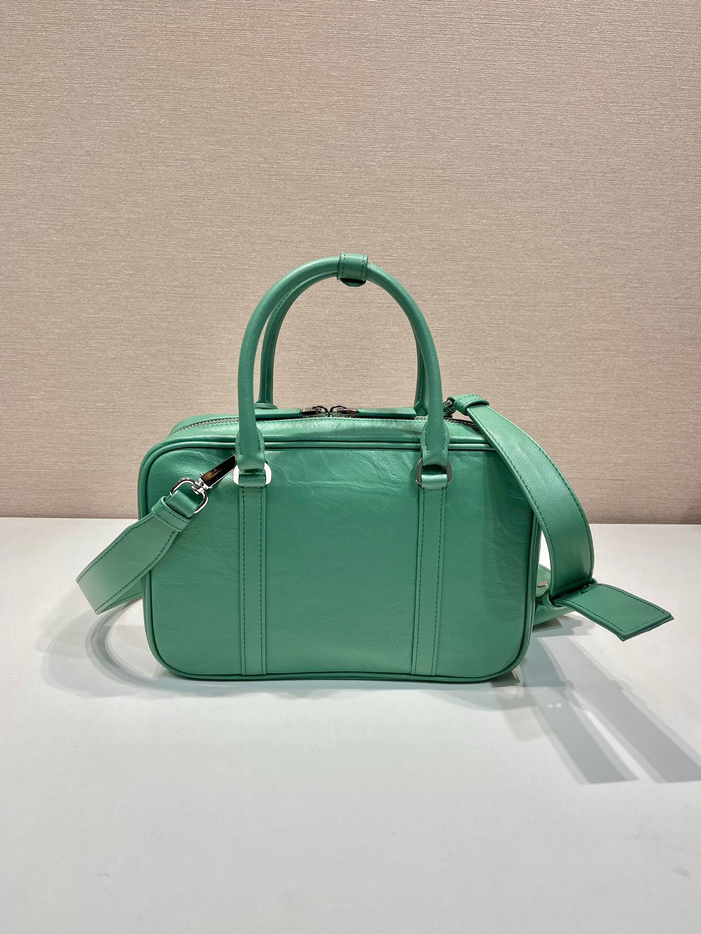 Pra*a Medium Antique Nappa Top Handle Bag In Green/Pink For Women 9.5 in/ 24cm 1BB092_UVL_F0092_V_T2O