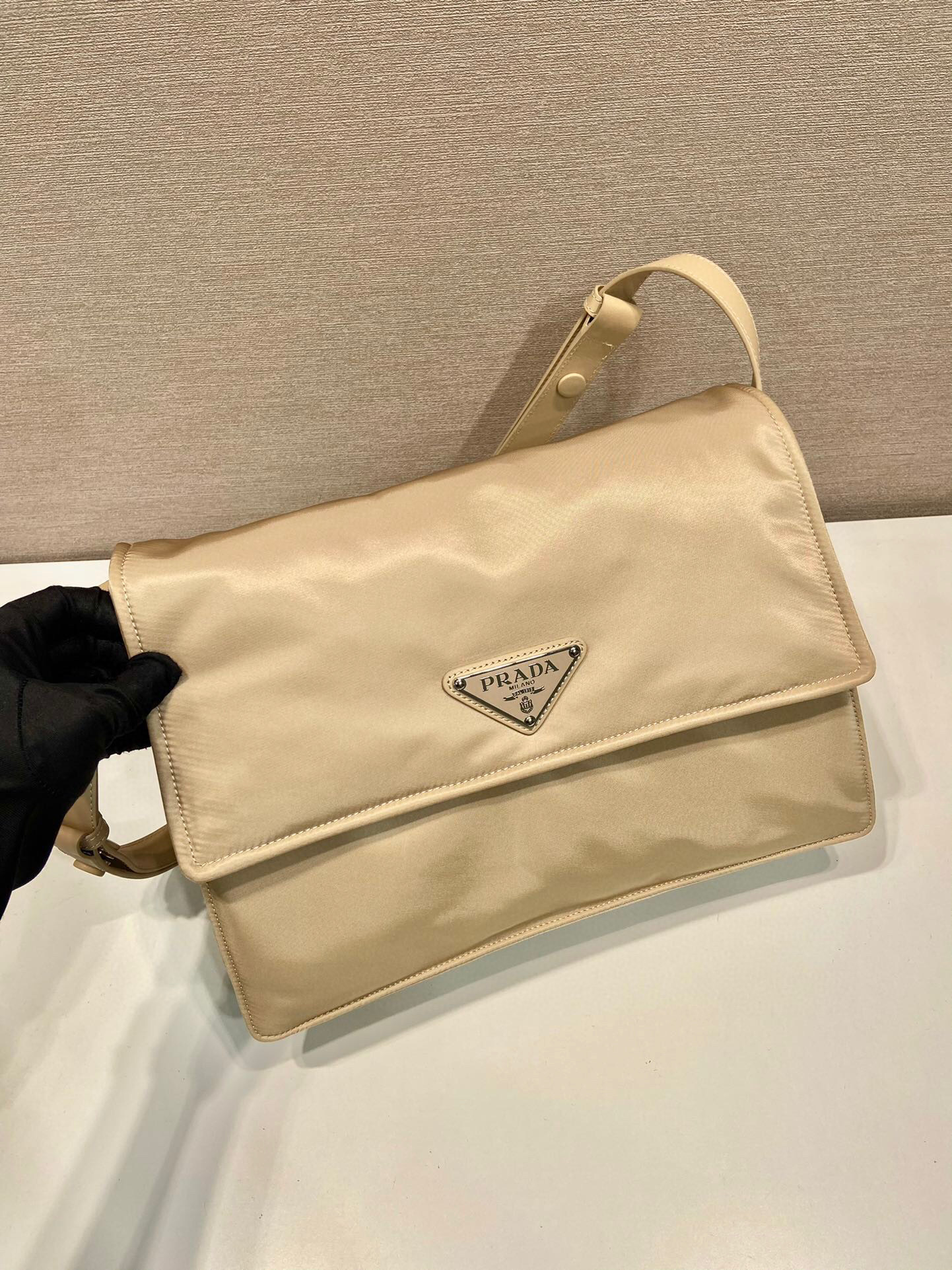 Pra*a Medium Padded Shoulder Bag In Beige For Women 11.8in/ 30cm
