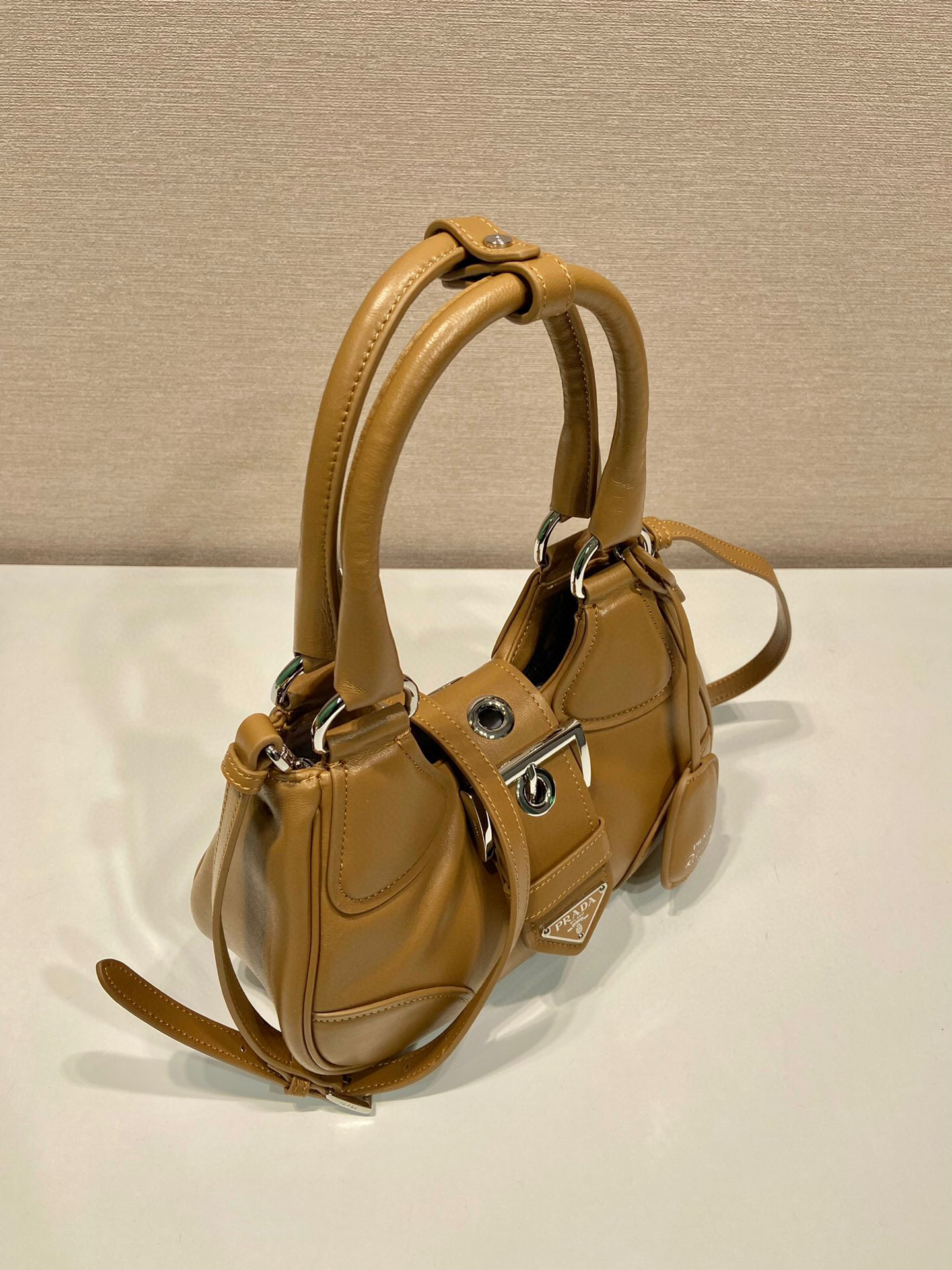 Pra*a Moon Padded Nappa Bag In White/Yellow/Brown For Women 8.8in / 22.5cm 1BA381_2DYI_F0009_V_OOM