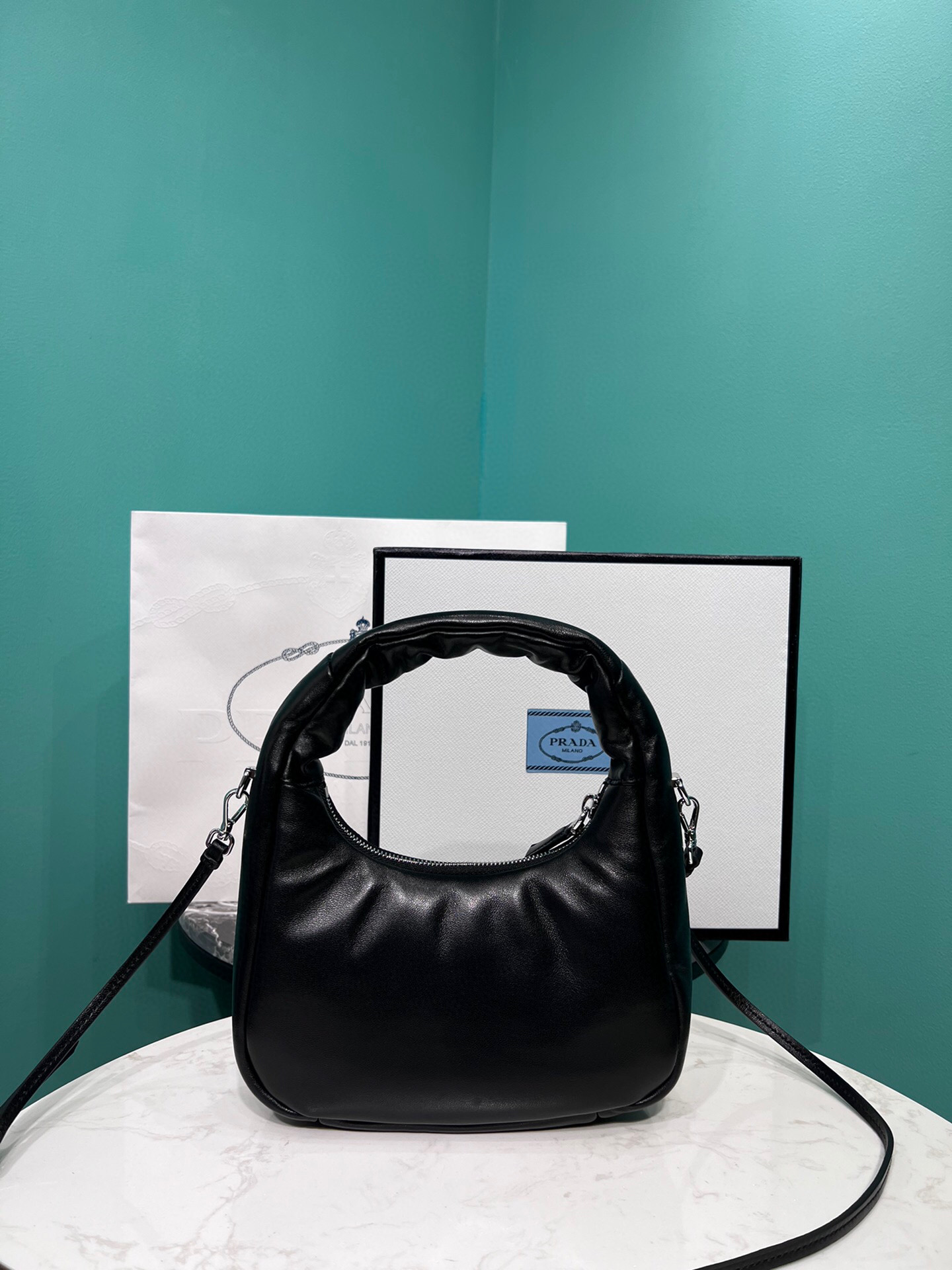 Pra*a Soft Padded Nappa Mini-Bag In Black For Women 8.2 in/ 21cm 1BA384_2DYI_F0002_V_OVM