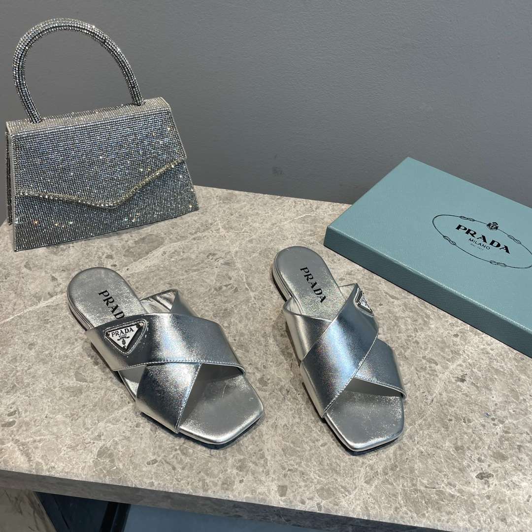 Pra*a Cross Straps Slides Silver For Women