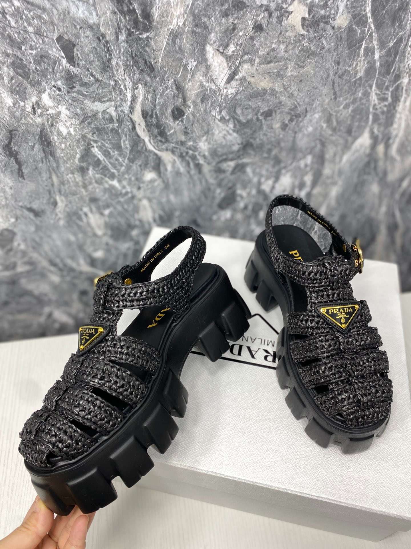 Pra*a Monolith Crochet Cage Sandals Black For Women