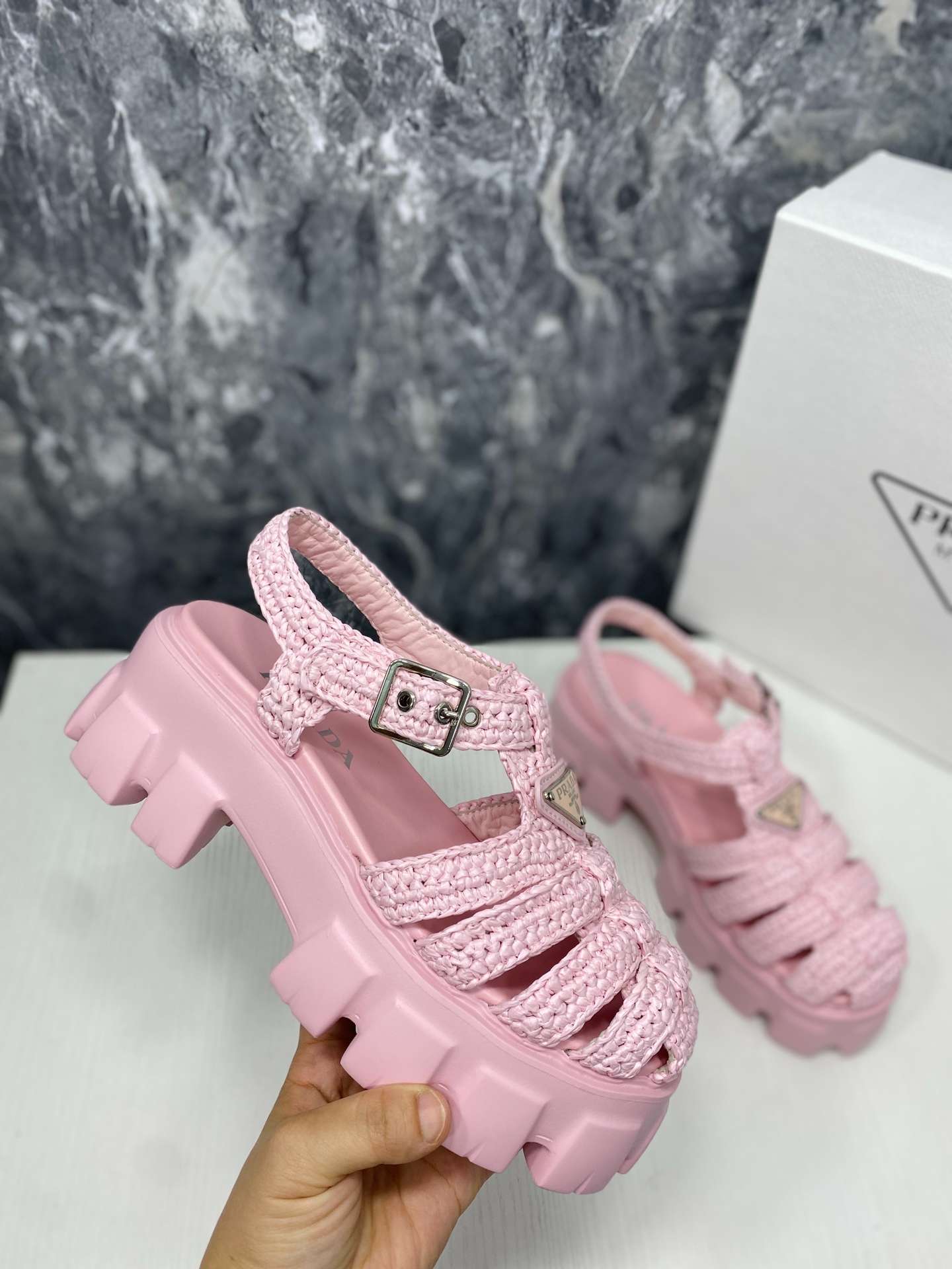 Pra*a Monolith Crochet Cage Sandals Pink For Women
