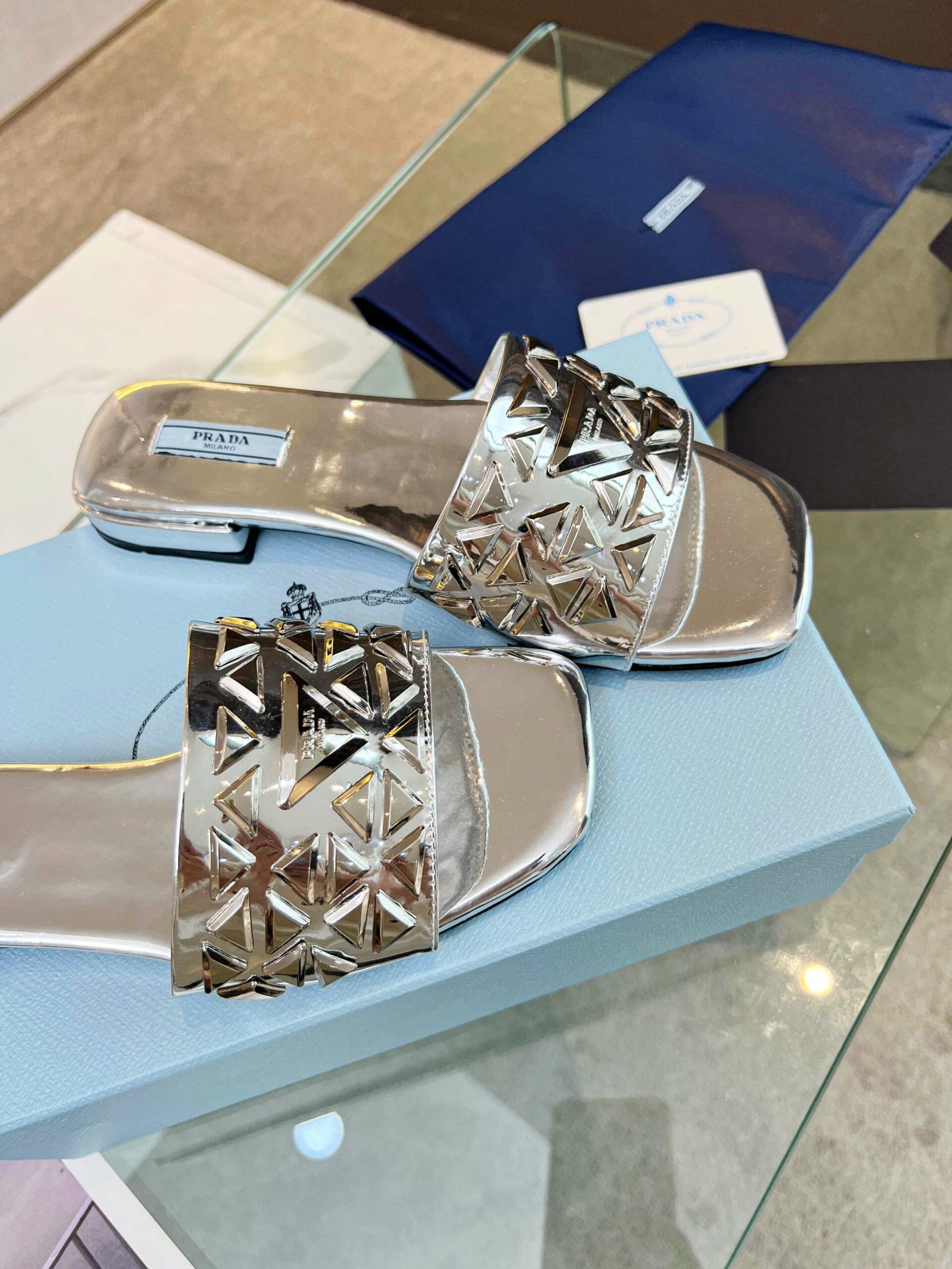 Pra*a Nappa Slides Silver For Women
