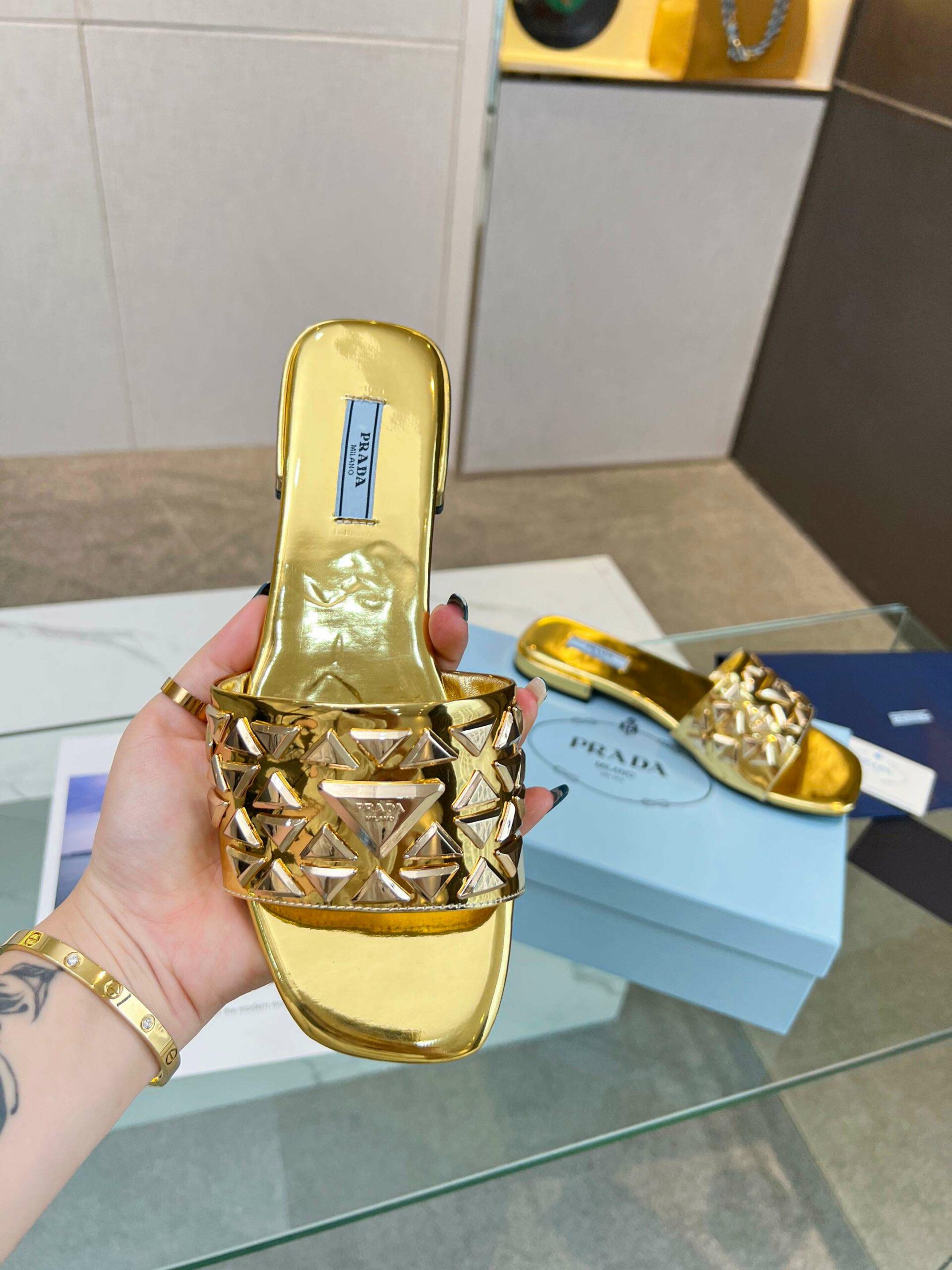 Pra*a Nappa Slides Gold For Women