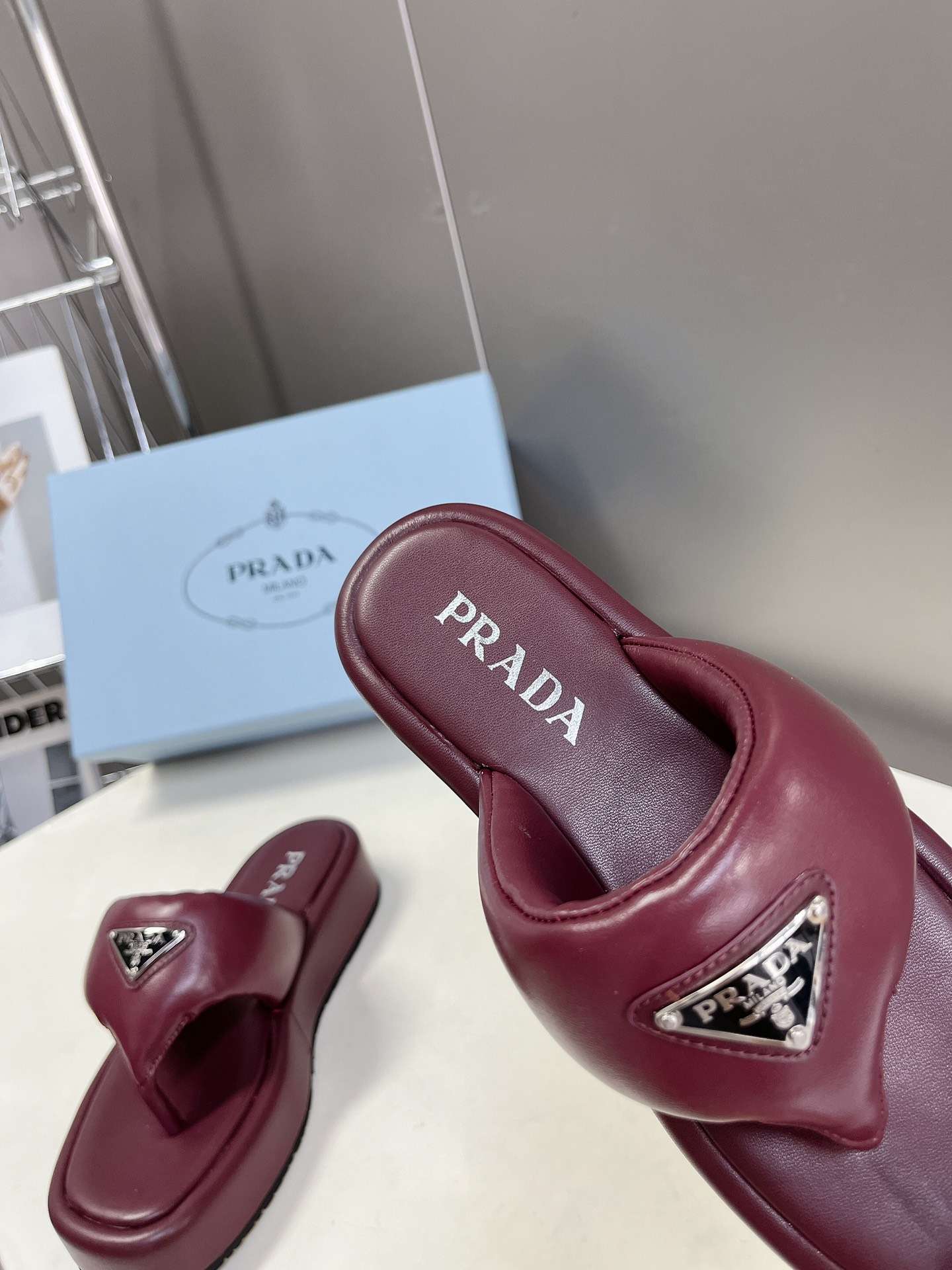 Pra*a Soft Padded Nappa Wedge Sandals Burgundy For Women