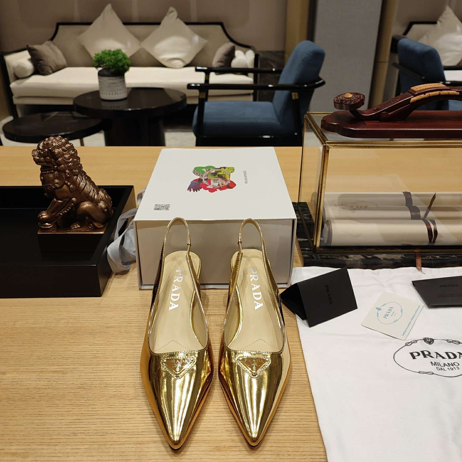 Pra*a Slingback Spike Pumps Gold For Women